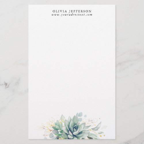 Watercolor Succulents and Gold Greenery Elegant Stationery