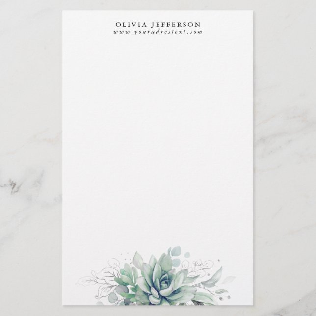 Watercolor Succulents and Silver Greenery Elegant Stationery (Front)