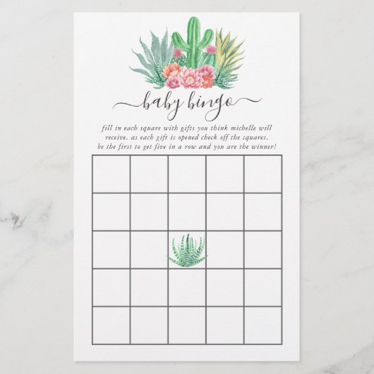 Watercolor Succulents Baby Shower Bingo (Front)