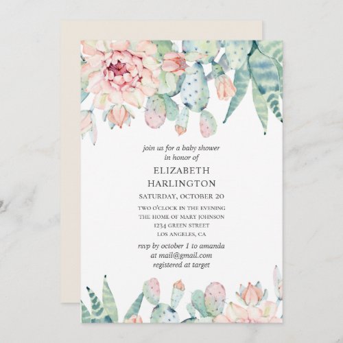 Watercolor succulents baby shower Floral cactus Invitation