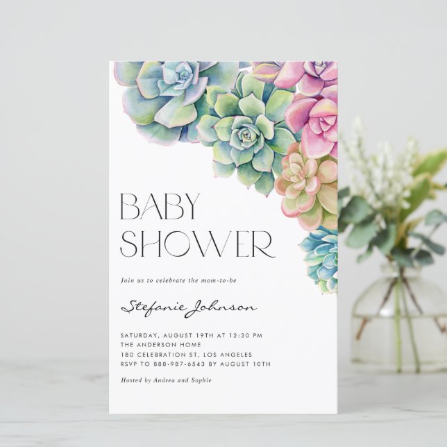 Watercolor Succulents Baby Shower Invitation (Standing Front)