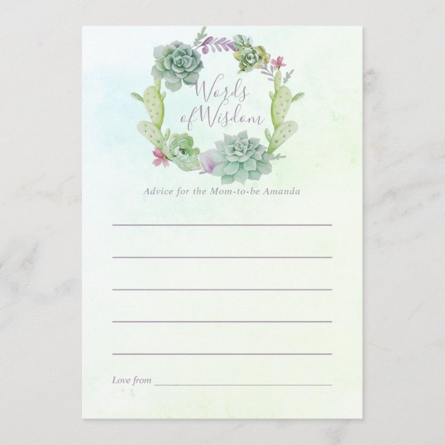 Watercolor Succulents Baby Shower Mom Advice Card (Front)