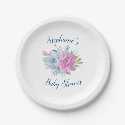 Watercolor Succulents Baby Shower Paper Plates