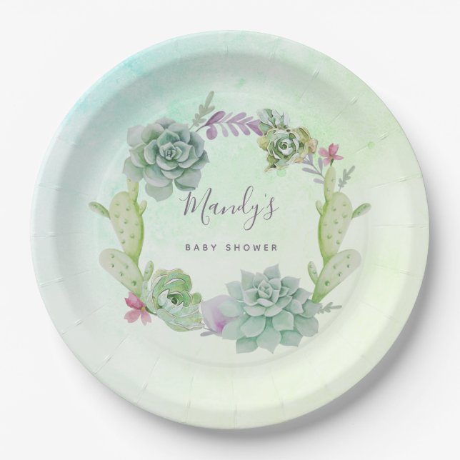 Watercolor Succulents Baby Shower Paper Plates (Front)