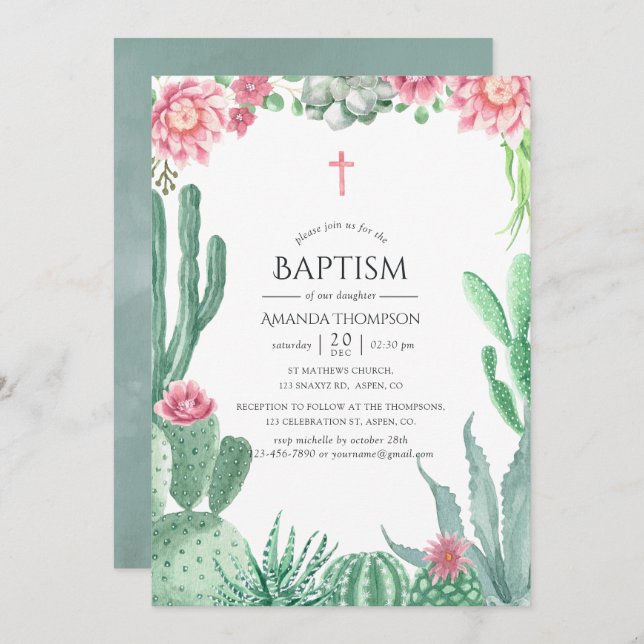 Watercolor Succulents Baptism Invitation (Front/Back)