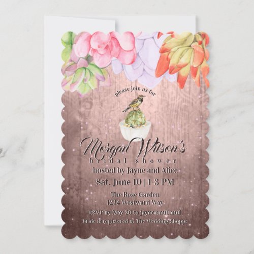 Watercolor Succulents Bird Peach Bridal Shower Invitation