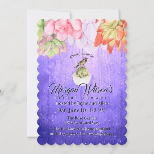 Watercolor Succulents Bird Purple Bridal Shower Invitation