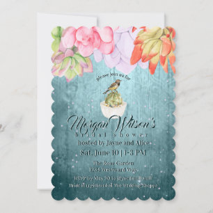 Watercolor Succulents Bird Teal Bridal Shower Invitation