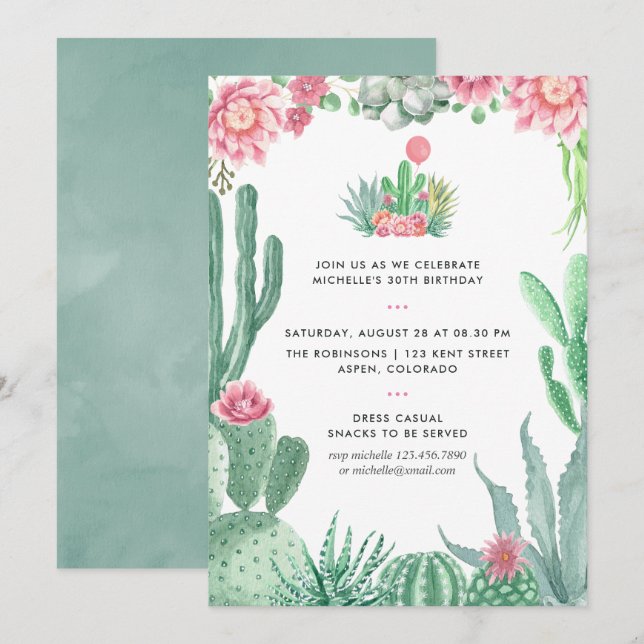 Watercolor Succulents Birthday Party Invitation (Front/Back)