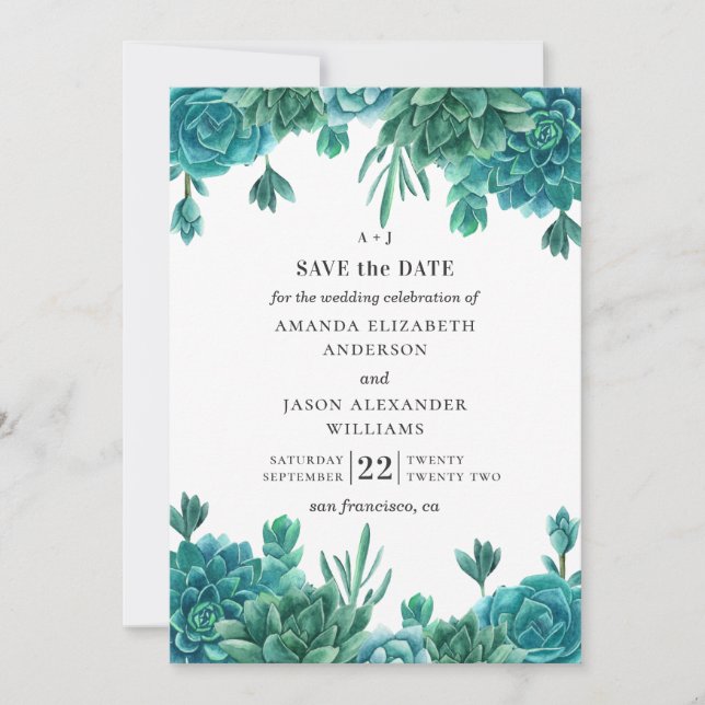 Watercolor succulents. Blue wedding floral cactus Invitation (Front)