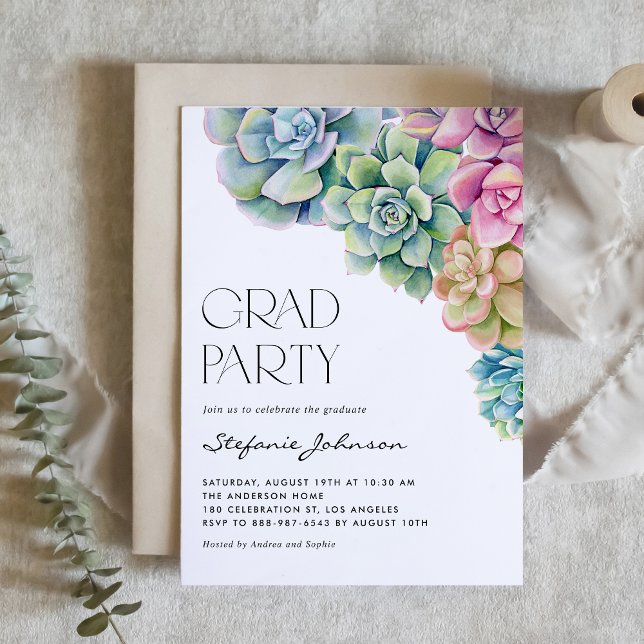Watercolor Succulents Boho Graduation Party Invitation (Creator Uploaded)