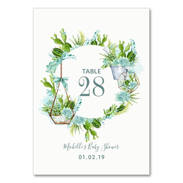 Watercolor Succulents Boy Baby Shower Table Number (Front)