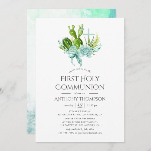 Watercolor Succulents Boy First Holy Communion Invitation