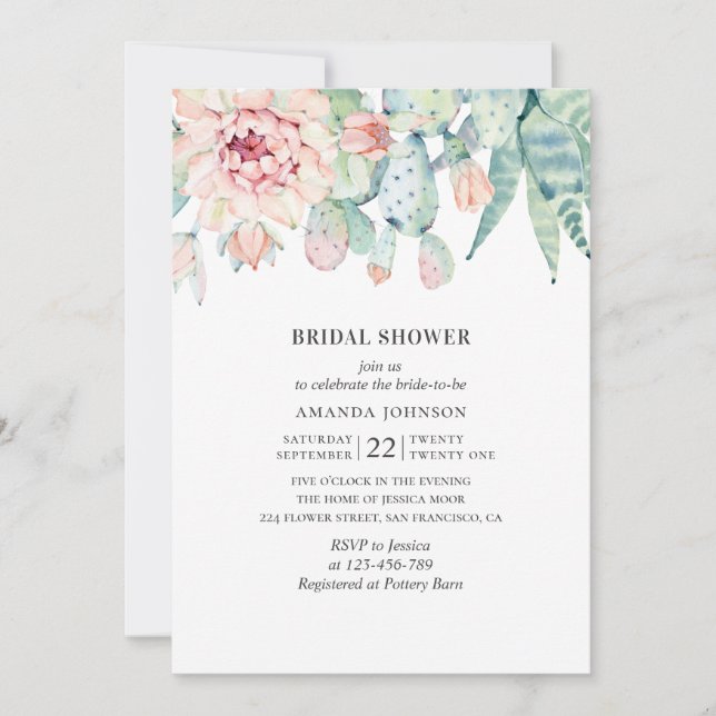 Watercolor succulents bridal shower. Floral cactus Invitation (Front)