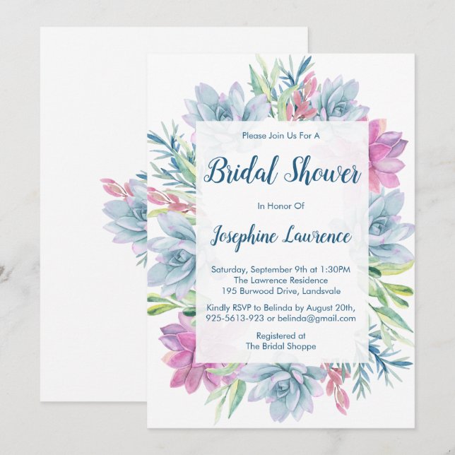 Watercolor Succulents Bridal Shower Invitation (Front/Back)