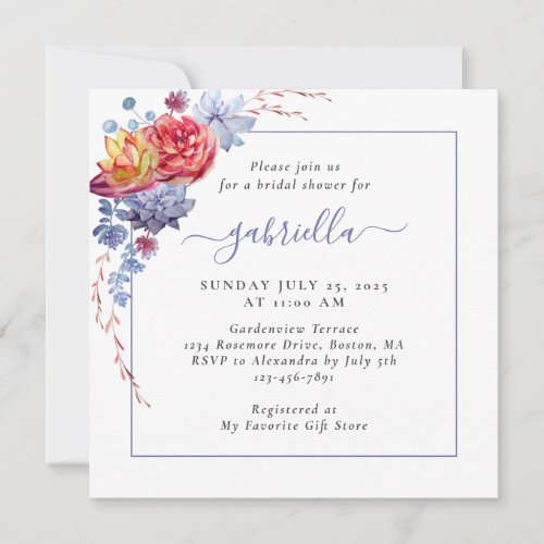 Watercolor  Succulents Bridal Shower Invitation
