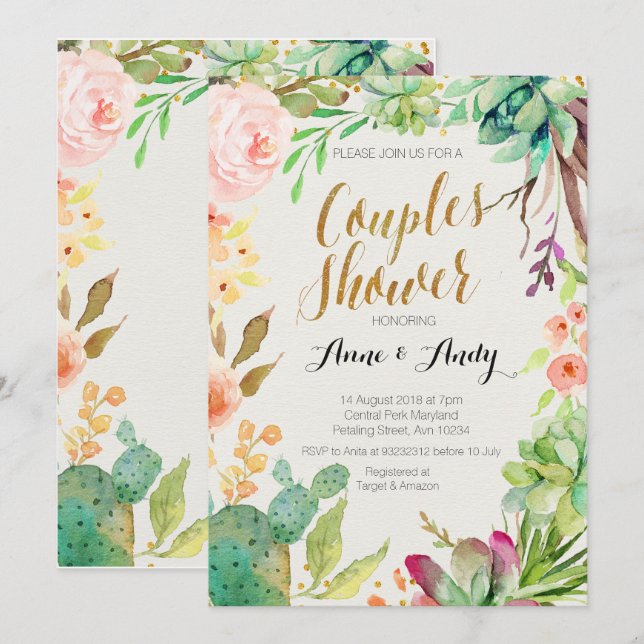 Watercolor Succulents Couples Shower invite Boho (Front/Back)