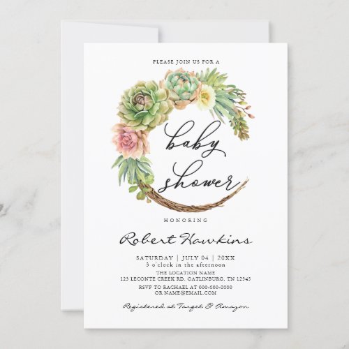 Watercolor Succulents Floral Baby Shower Invitation