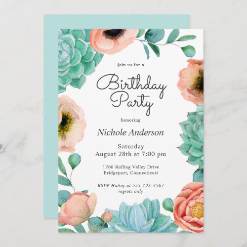 Watercolor Succulents Floral Birthday Party Invitation