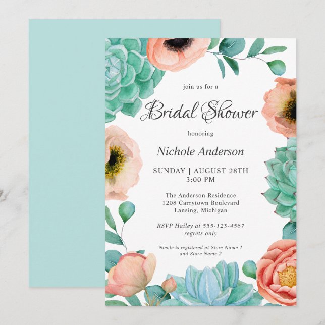 Watercolor Succulents Floral Bridal Shower Invitation (Front/Back)