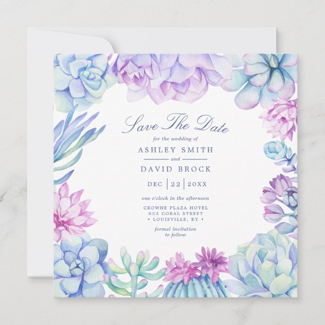 Watercolor Succulents Floral Cacti Save The Date (Front)