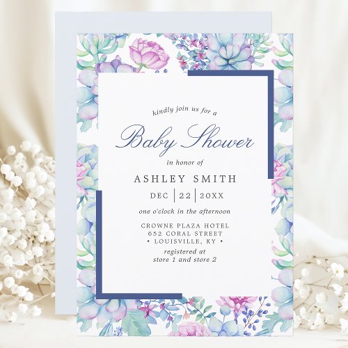 Watercolor Succulents Floral Pastel Baby Shower Invitation