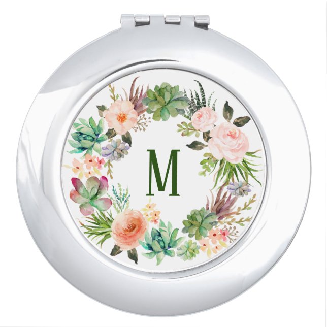 Watercolor Succulents Floral Wreath Monogram Compact Mirror (Front)