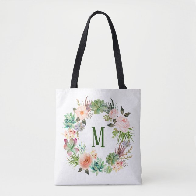 Watercolor Succulents Floral Wreath Monogram Tote Bag (Front)