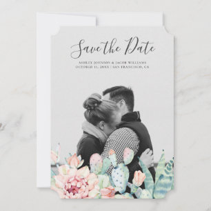 Watercolor succulents flowers. Floral cactus photo Save The Date