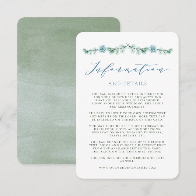Watercolor Succulents Garden Wedding Info Card (Front/Back)