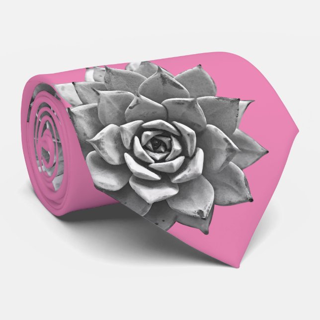 Watercolor Succulents Gray on Pink Neck Tie (Rolled)