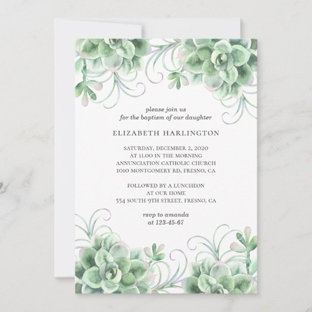 Watercolor succulents. Greenery cactus baptism Invitation (Front)