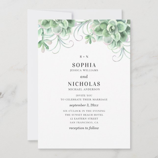 Watercolor succulents. Greenery cactus wedding Invitation (Front)