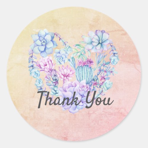 Watercolor Succulents Heart Thank You   Classic Round Sticker