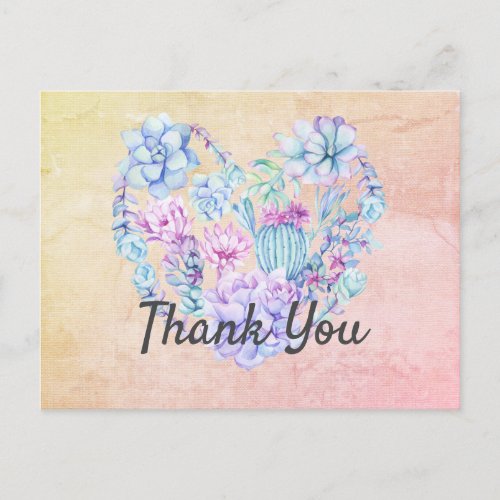 Watercolor Succulents Heart Thank You Postcard