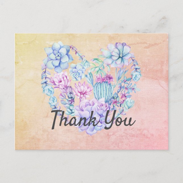 Watercolor Succulents Heart Thank You Postcard (Front)
