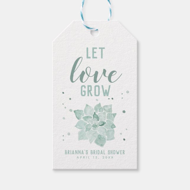 Watercolor Succulents Let Love Grow Bridal Shower Gift Tags (Front)