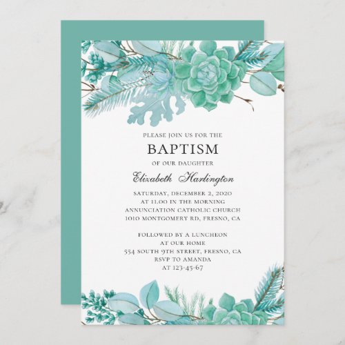 Watercolor succulents Neutral mint winter baptism Invitation