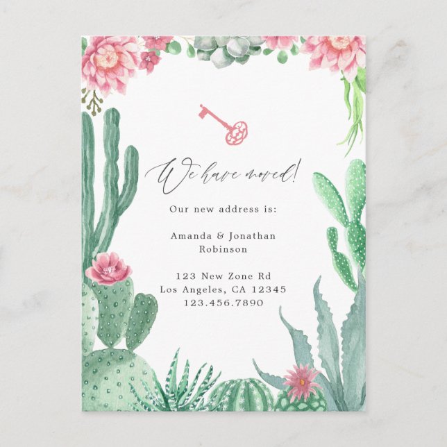 Watercolor Succulents New Address Announcement Postcard (Front)