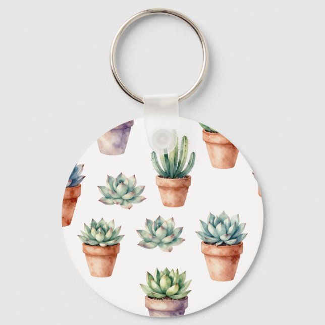Watercolor Succulents Pattern Keychain (Front)