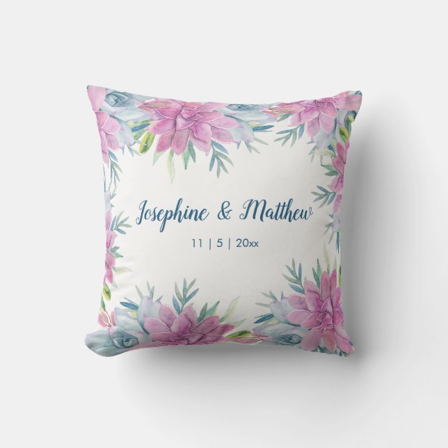 Watercolor Succulents Personalized Wedding Throw Pillow (Front)