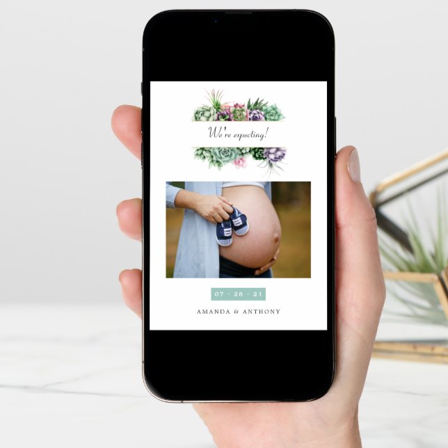 Watercolor Succulents Photo Pregnancy Announcement (Front Digital)