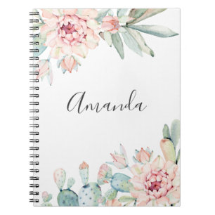Watercolor succulents. Pink floral cactus. Cacti Notebook