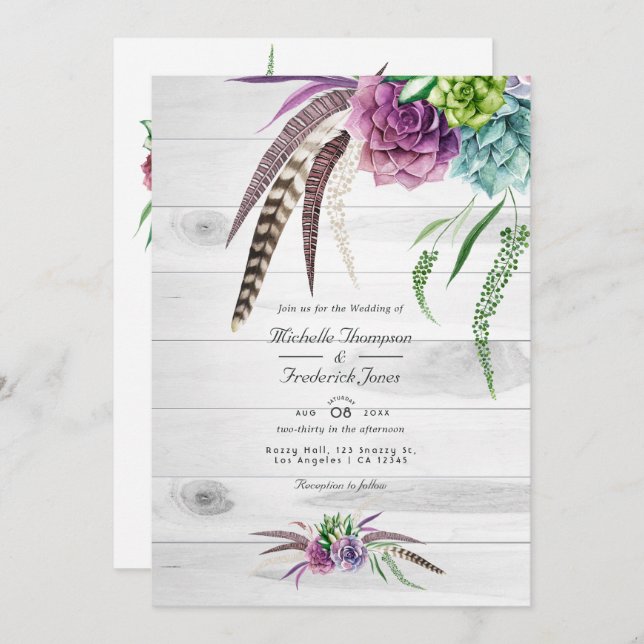 Watercolor Succulents QR Code Bohemian Wedding Invitation (Front/Back)