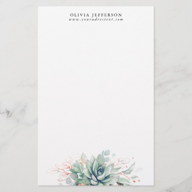 Watercolor Succulents Rose Gold Greenery Elegant Stationery (Front)