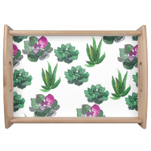 Watercolor Succulents Seamless Pattern Design Serving Tray