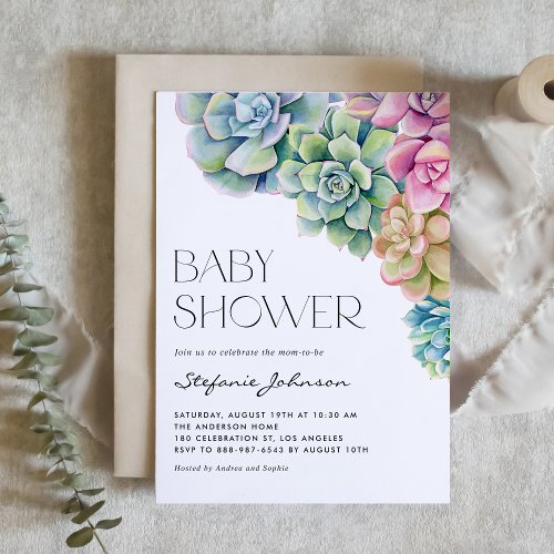 Watercolor Succulents Summer Baby Shower Invitation