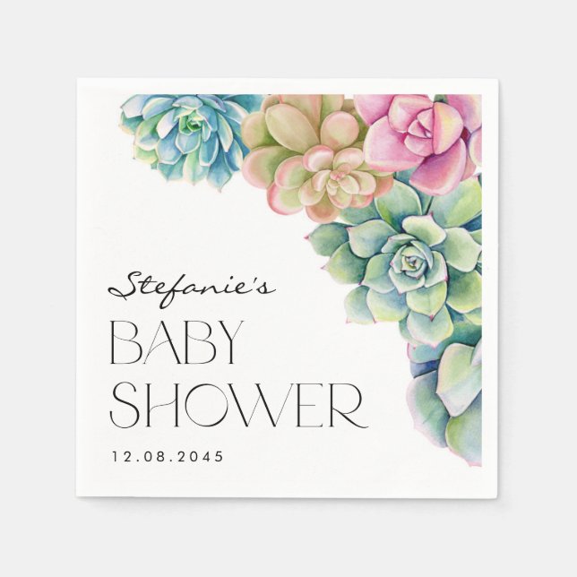 Watercolor Succulents Summer Baby Shower Napkins (Front)