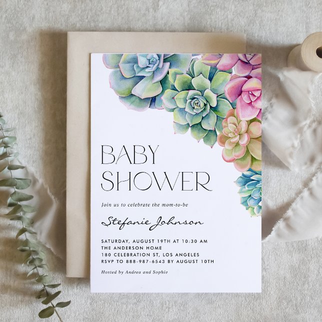 Watercolor Succulents Summer Baby Shower QR Code Invitation (Creator Uploaded)