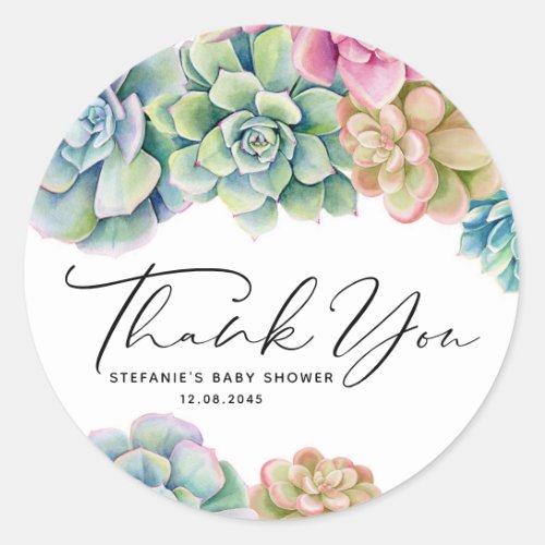 Watercolor Succulents Summer Baby Shower Thank You Classic Round Sticker